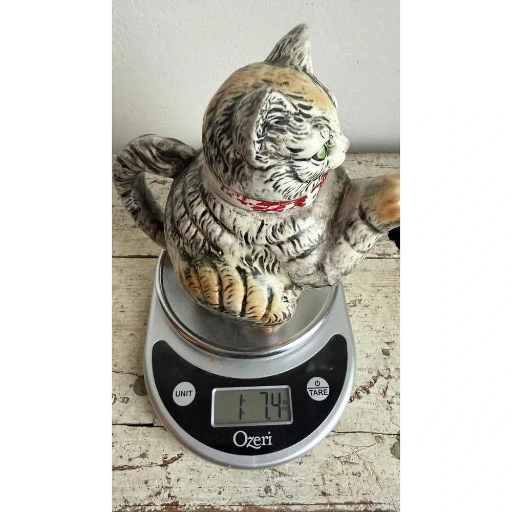 Vintage Japanese Hand Painted Ceramic Cat Teapot Grey Tabby Red Collar